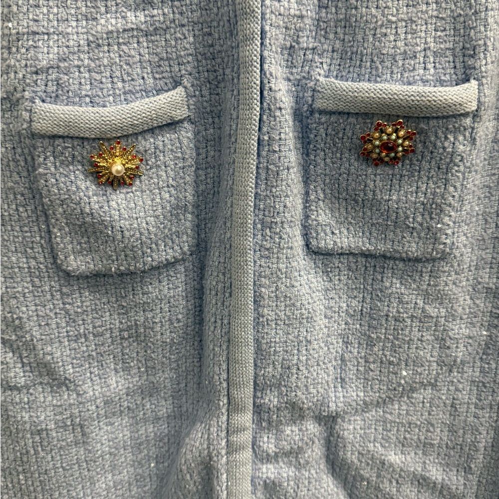 NWT Self-Portrait Blue Embellished Gold Button Knit Mini Dress Sz Large - Picture 8 of 10